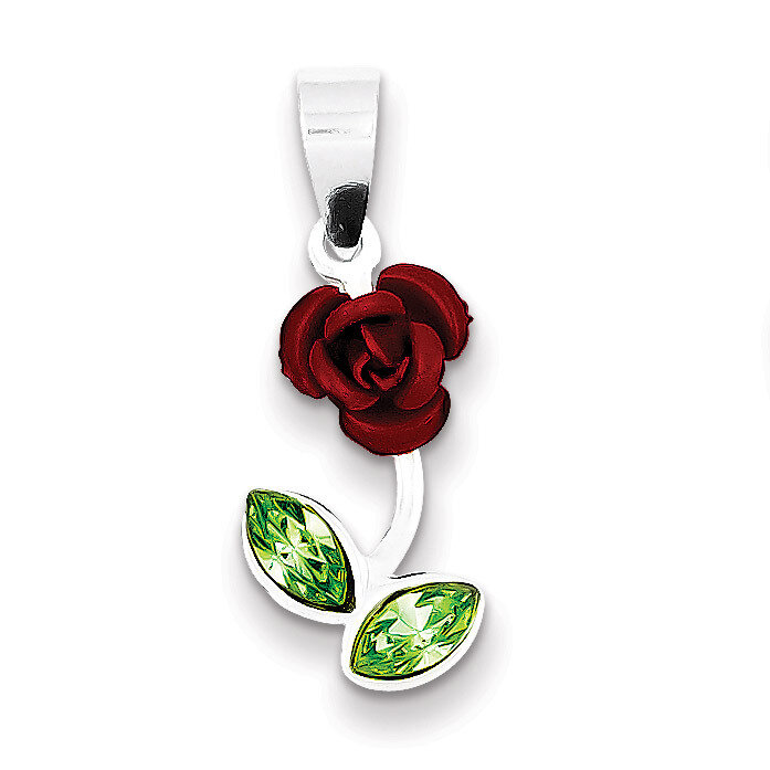 Red Enamel with Green Diamond Rose Charm Sterling Silver QC6206