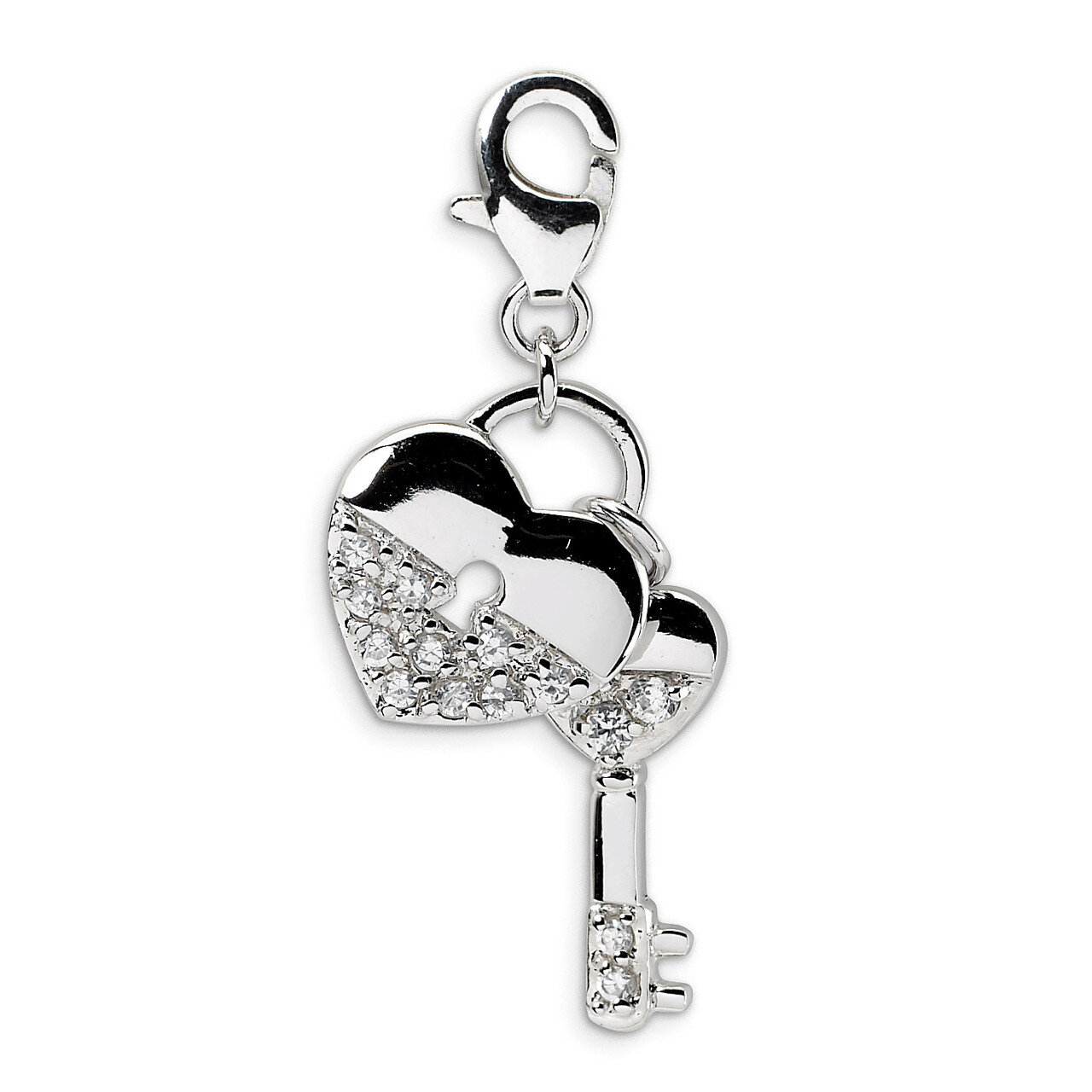 Diamond Heart and Key with Lobster Clasp Charm Sterling Silver QCC124