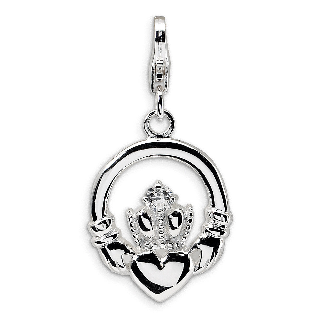 Diamond Claddagh with Lobster Clasp Charm Sterling Silver QCC125