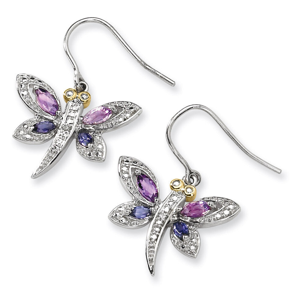 14K Gold Amethyst and Iolite and Diamond Dragonfly Earrings Sterling Silver QE6072