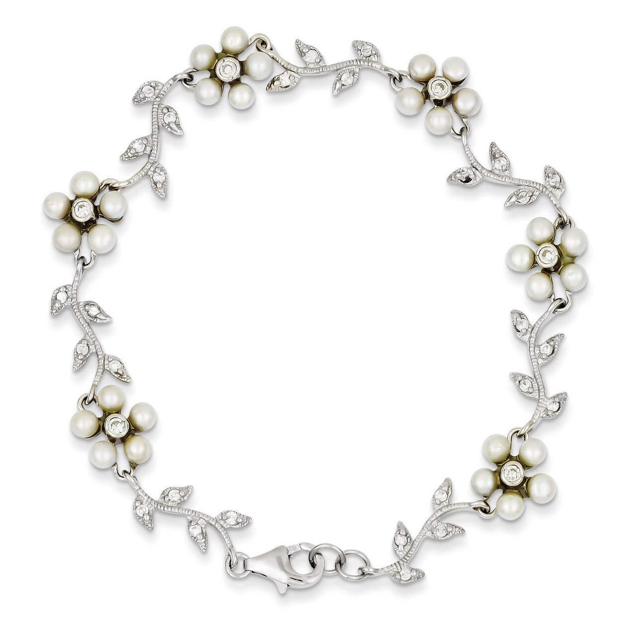 Cultured Pearl and Diamond Floral Bracelet Sterling Silver QG1805-7