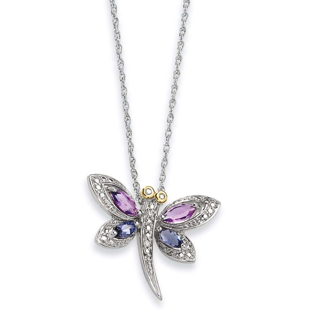 14k Gold Amethyst and Iolite and Diamond Dragonfly Necklace Sterling Silver QG2711-17