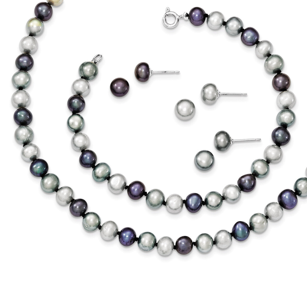 Cultured Pearl 18 Necklace 7.25 Brace & 3pc Earring Set Sterling Silver QH4792SET