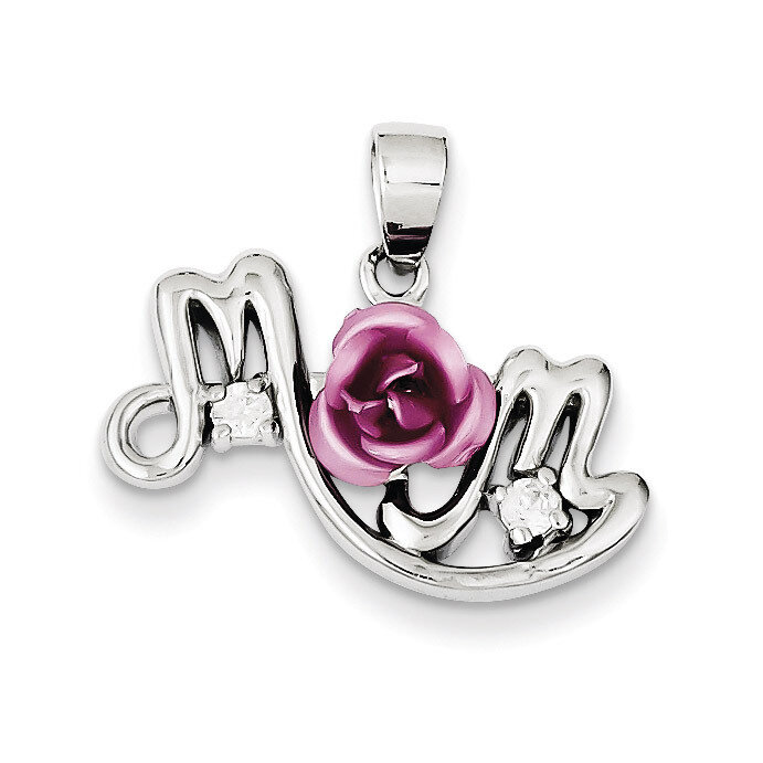 Pink Flower & Diamond Mom Pendant Sterling Silver QP1005