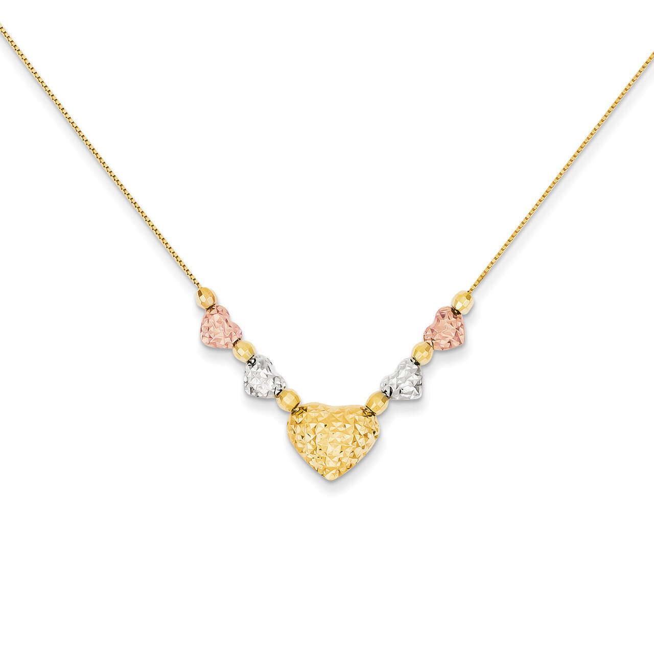 Tri-color Puff & Flat Hearts Necklace 14k Gold SF1878-18