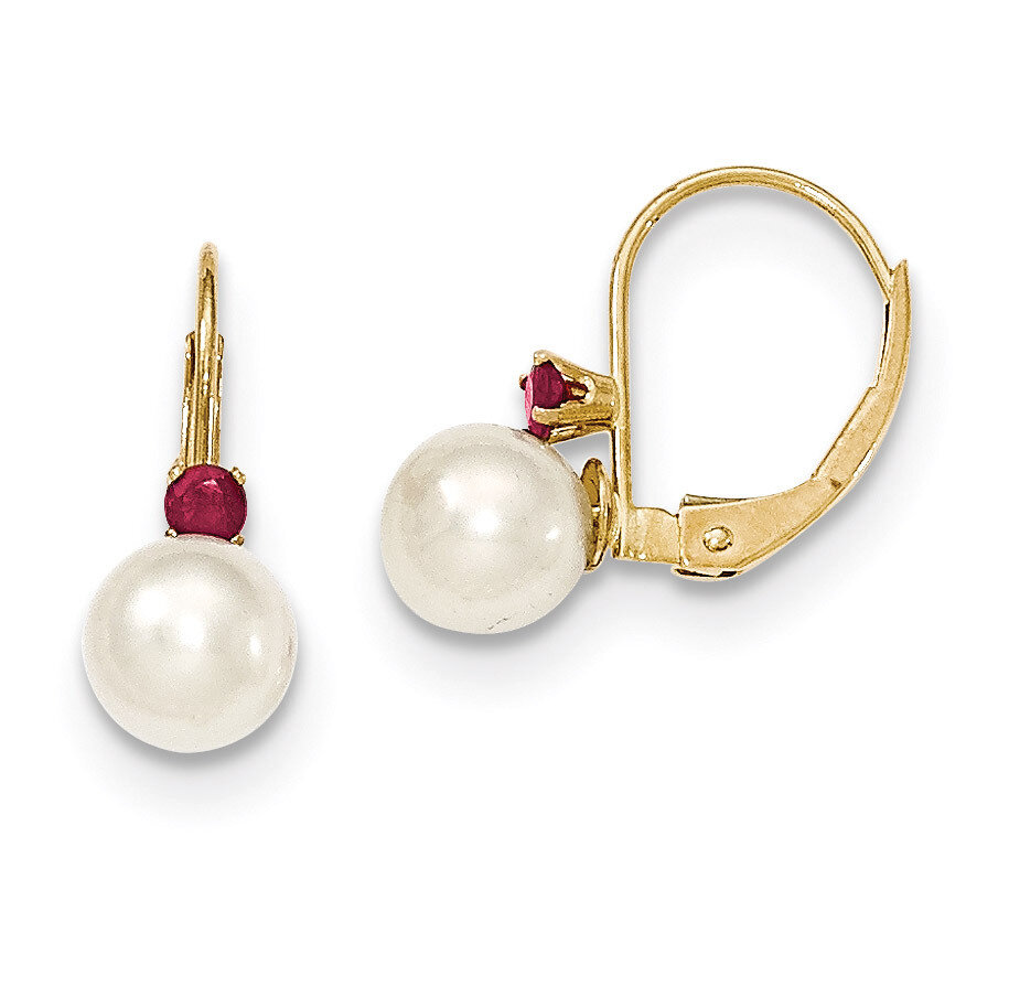 6-6.5mm White Cultured Pearl &amp; .10ct. Ruby Leverback Ear 14k Gold XLB60R/PL