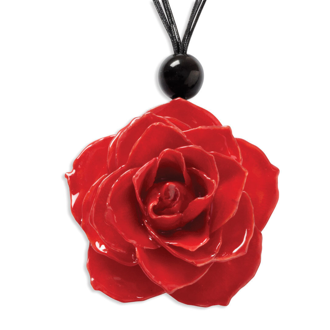 Red Rose with Black Cotton Cord Necklace Lacquer Dipped BF1335-18