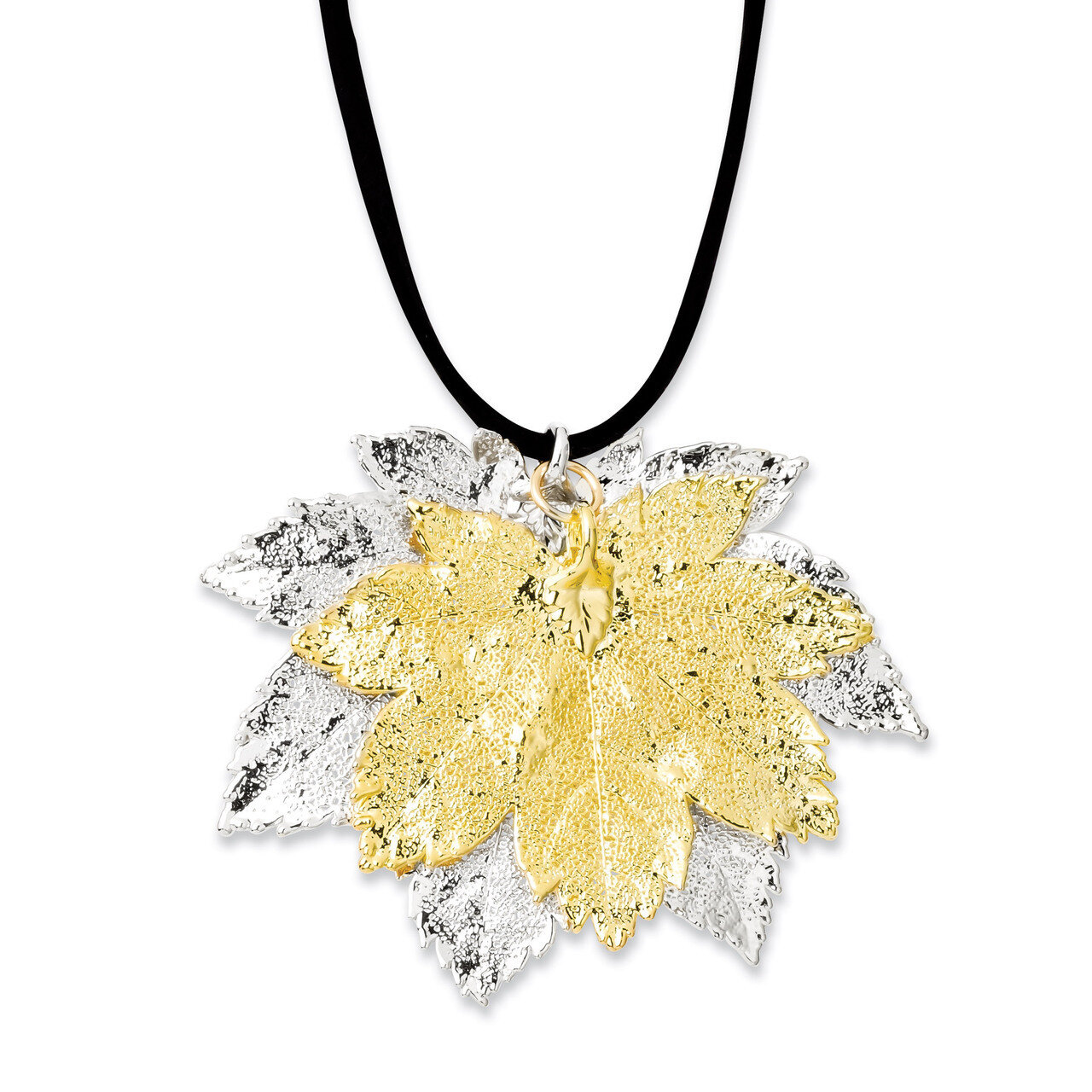Full Moon Maple Leaf Necklace Silver 24k Gold Dipped Double BF1965-20