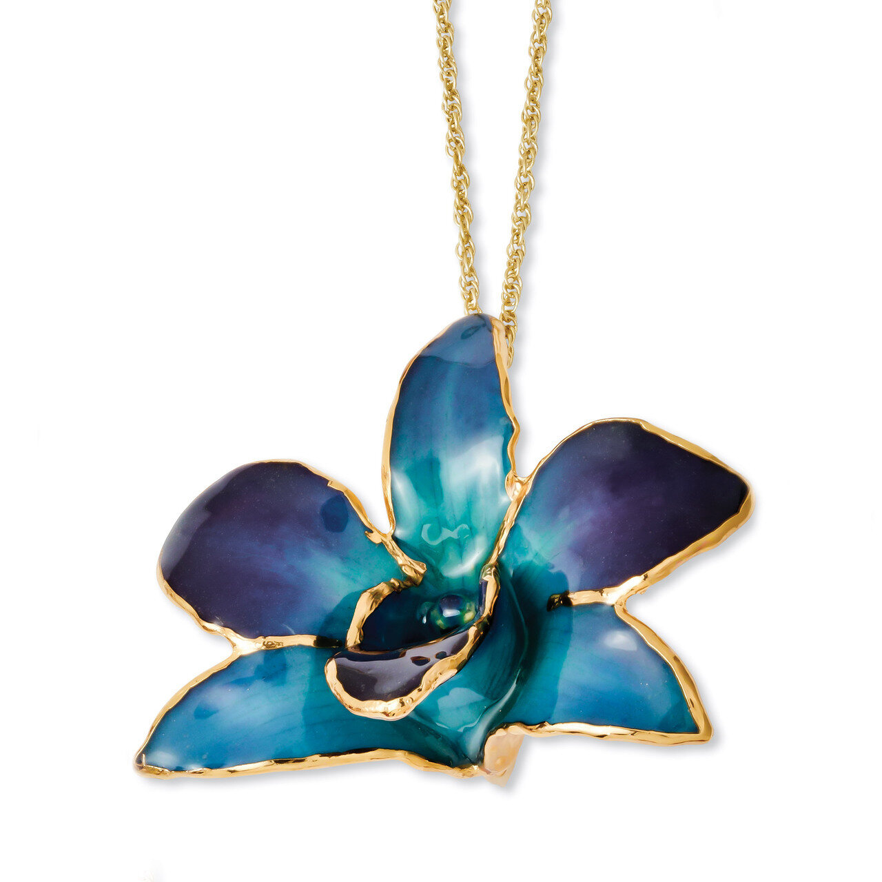 Purple Blue Dendrobium Orchid Necklace Lacquer Dipped Gold Trimmed BF2019-20