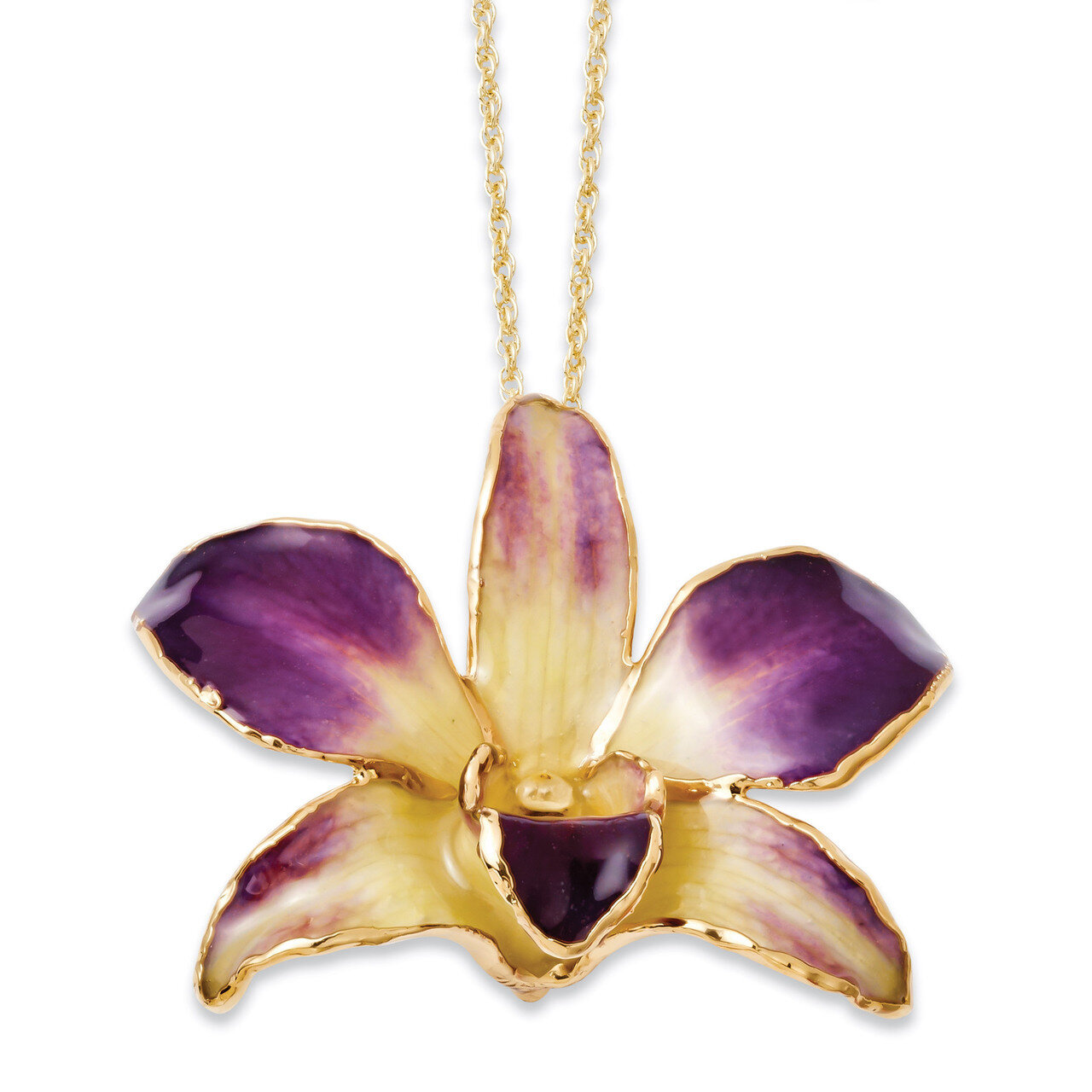 Purple Yellow Dendrobium Orchid Necklace Lacquer Dipped Gold Trimmed BF2021-20