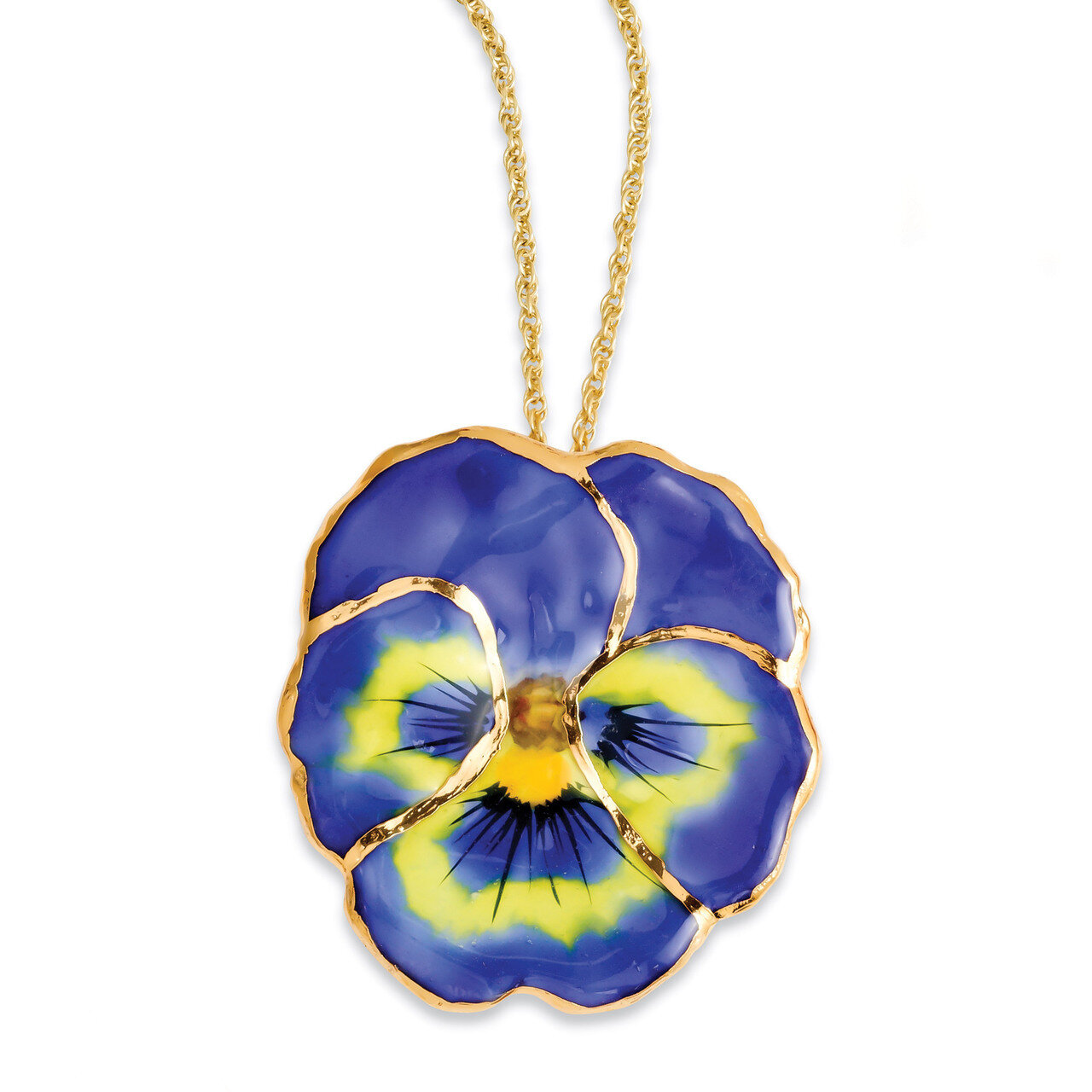Blue Pansy Necklace with Gold-tone Chain Lacquer Dipped BF2022-20, MPN: BF2022-20, 810391017385