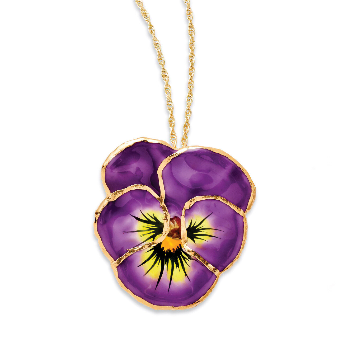 Lilac Pansy Necklace with Gold-tone Chain Lacquer Dipped BF2023-20, MPN: BF2023-20, 810391017392