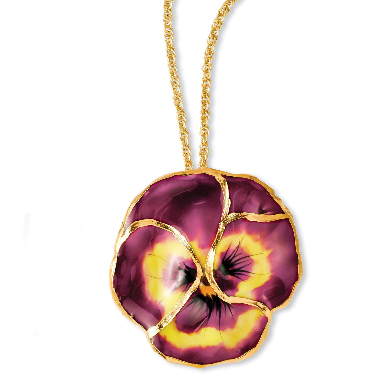 Violet Pansy Necklace with Gold-tone Chain Lacquer Dipped BF2024-20