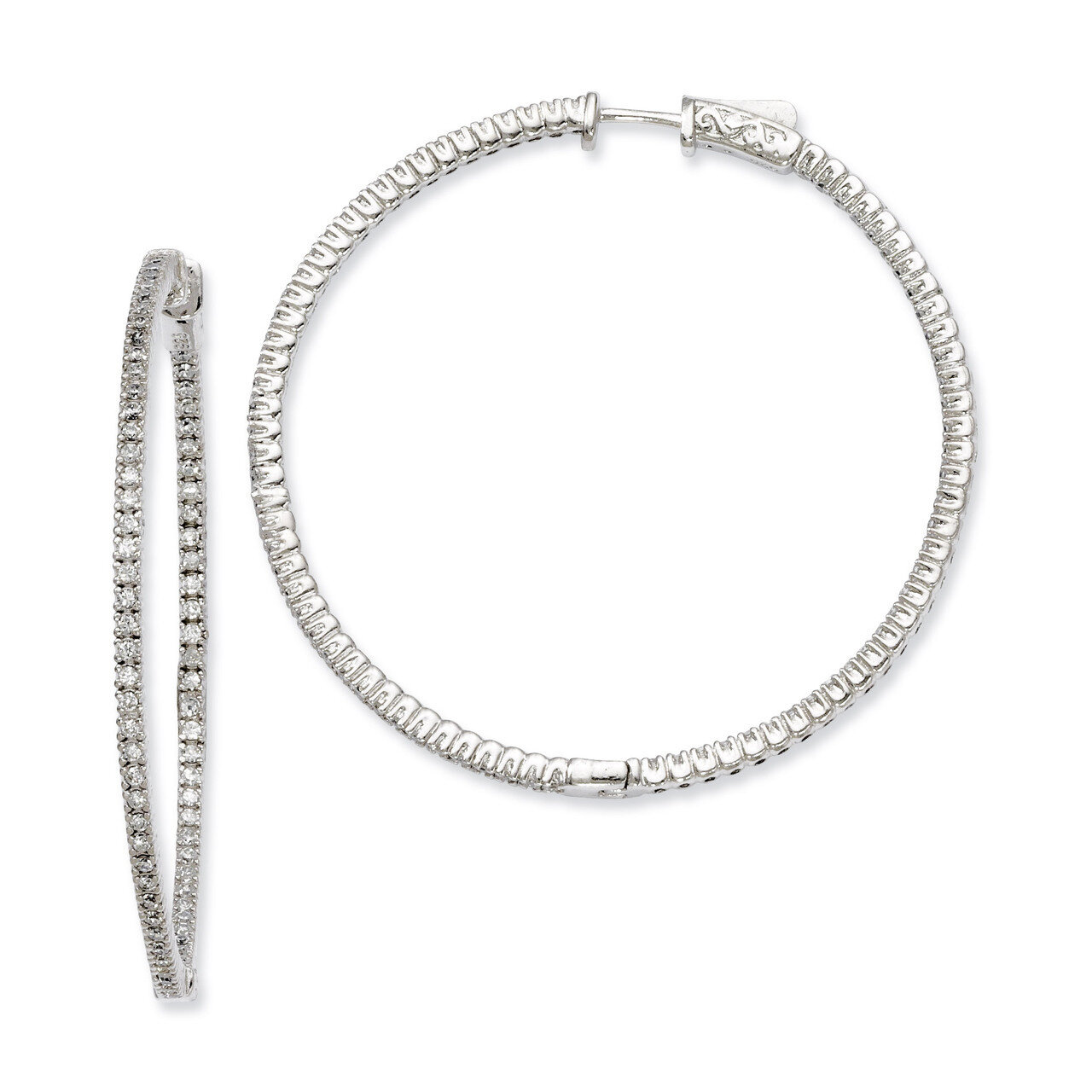 Diamond In and Out Hinged Hoop Earrings Sterling Silver Rhodium-plated QE7944