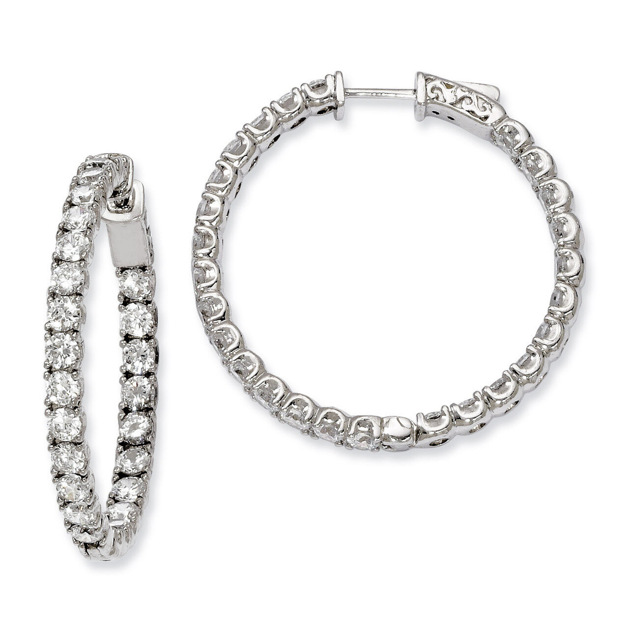 Diamond In and Out Hinged Hoop Earrings Sterling Silver Rhodium-plated QE7960