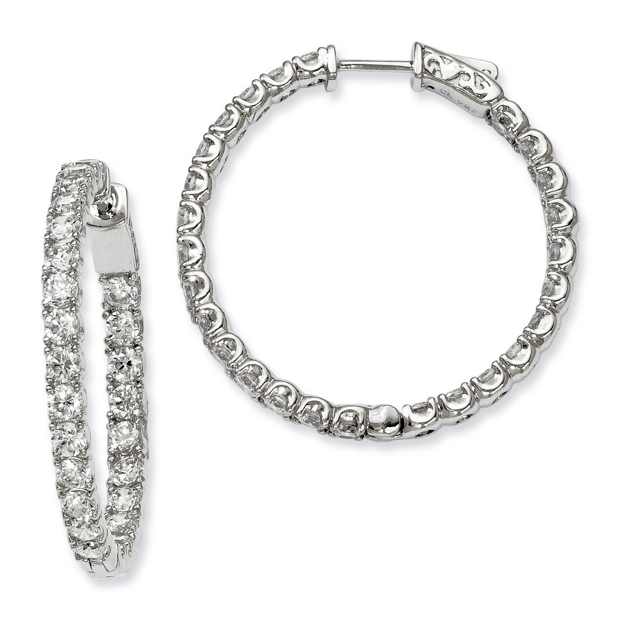 Diamond In and Out Hinged Hoop Earrings Sterling Silver Rhodium-plated QE7963
