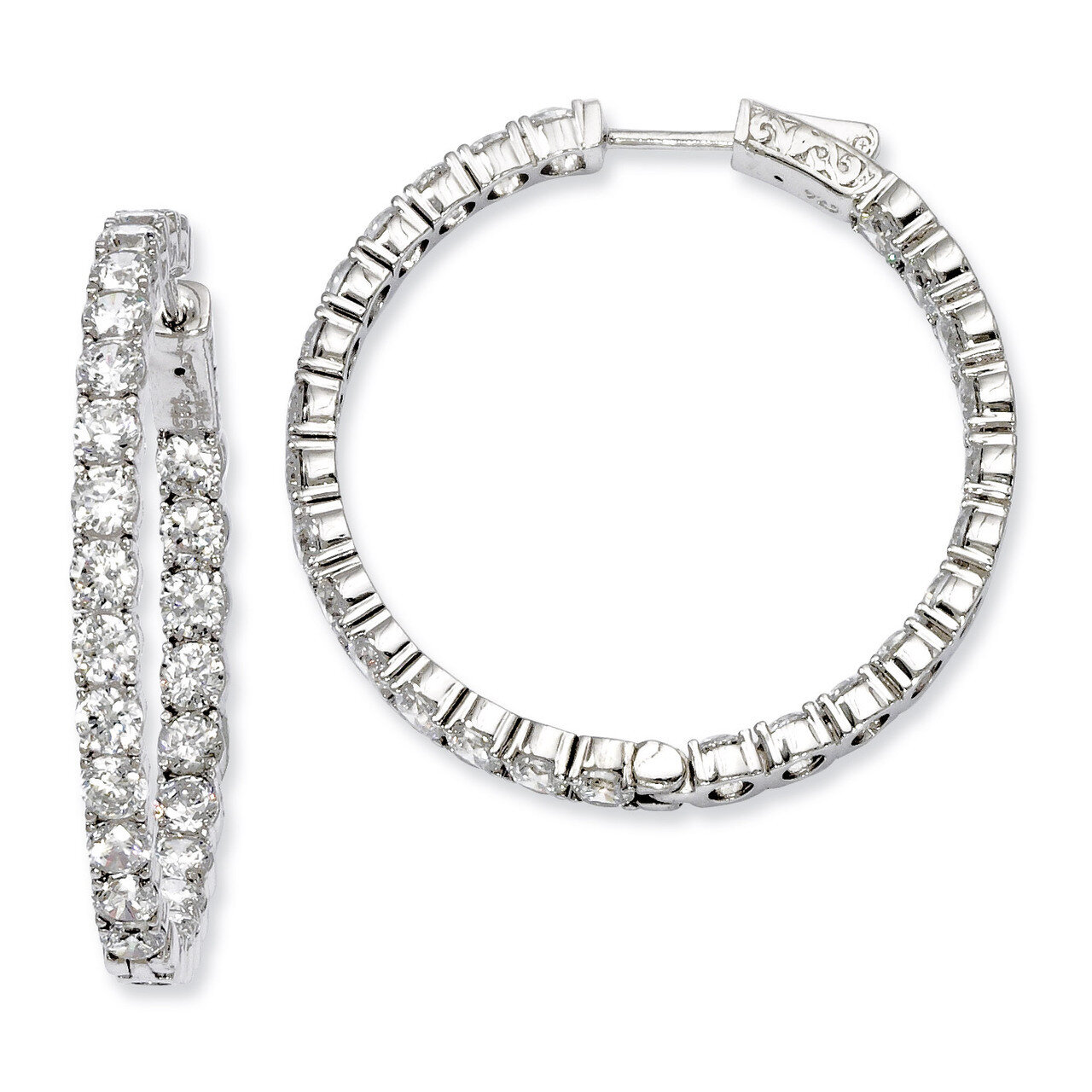 Diamond In and Out Hinged Hoop Earrings Sterling Silver Rhodium-plated QE7967
