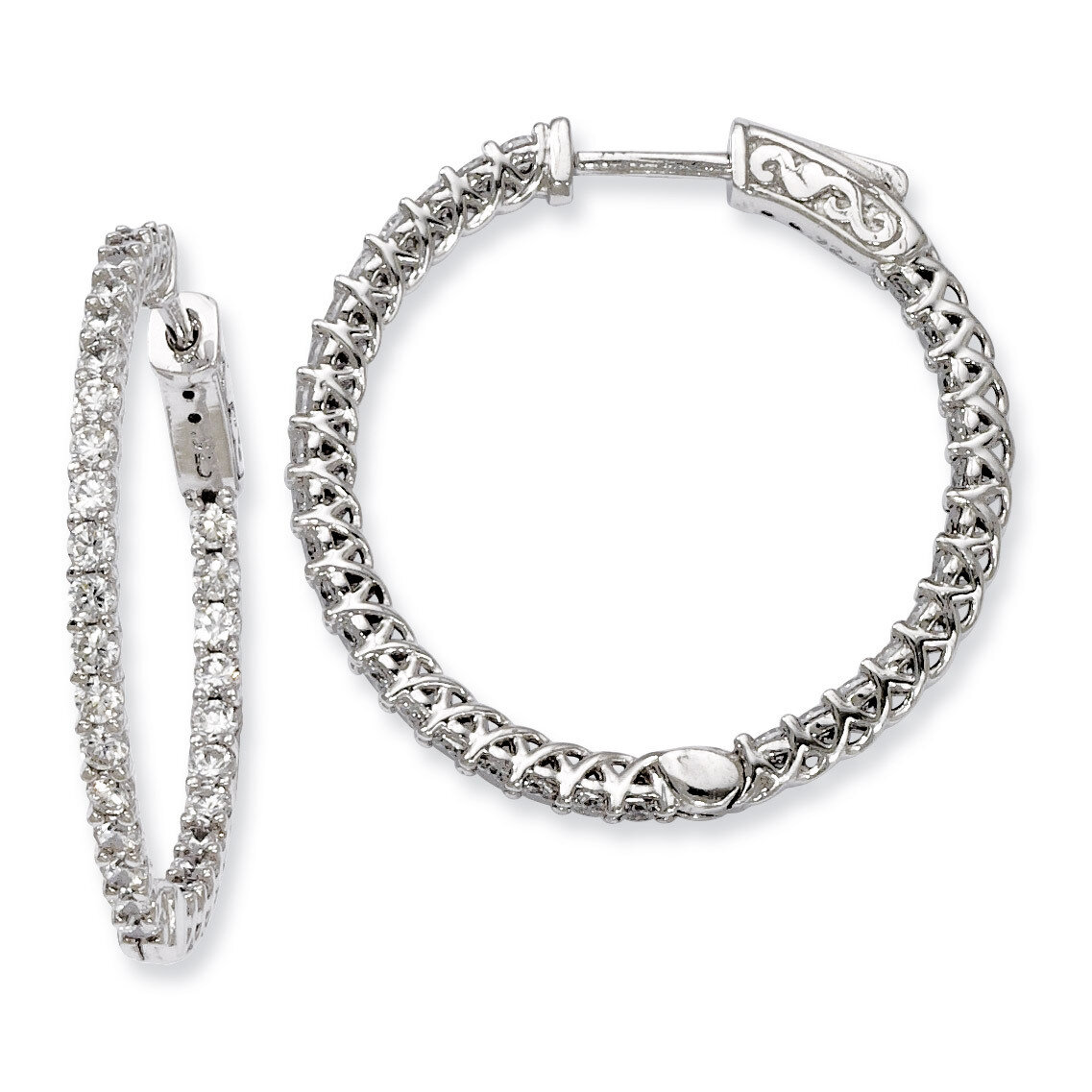 Diamond In and Out Hinged Hoop Earrings Sterling Silver Rhodium-plated QE7981, MPN: QE7981, 8867747…