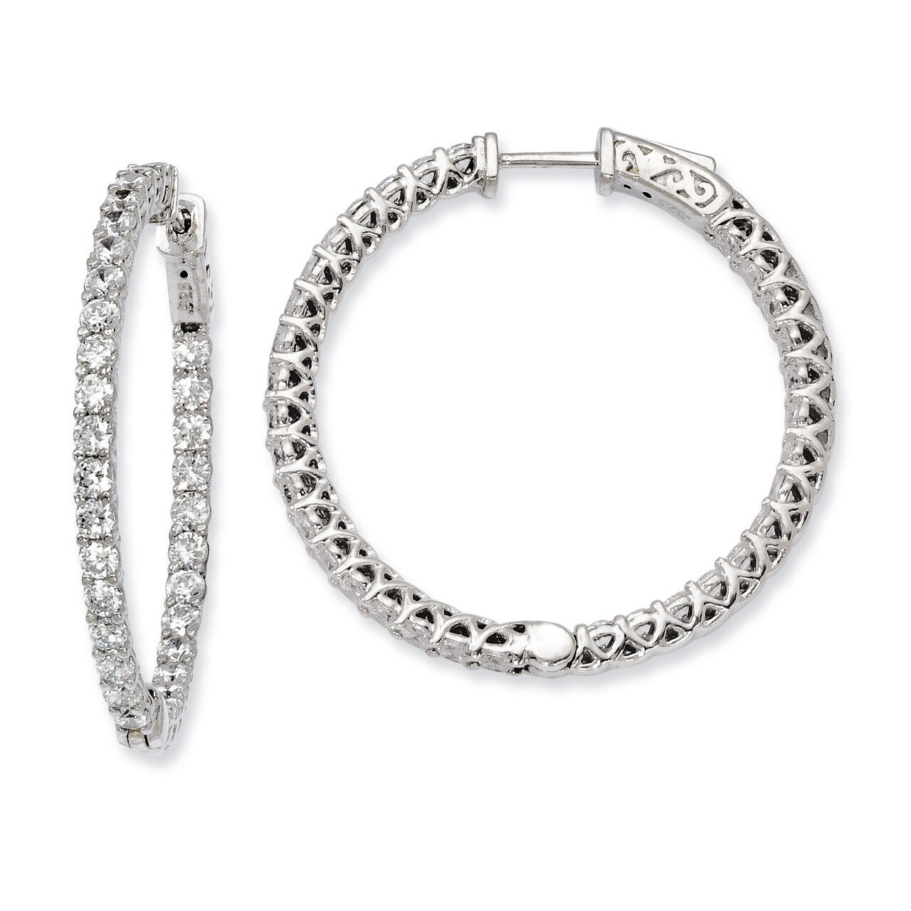 Diamond In and Out Hinged Hoop Earrings Sterling Silver Rhodium-plated QE7988, MPN: QE7988, 8867747…