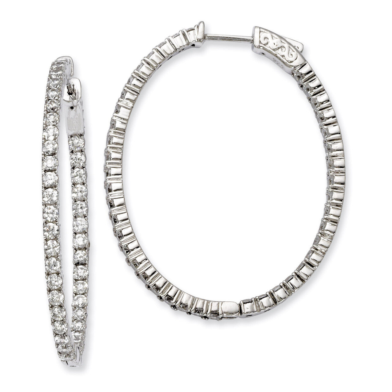 Diamond Hinged Oval Hoop Earrings Sterling Silver Rhodium-plated QE7996, MPN: QE7996, 886774727110