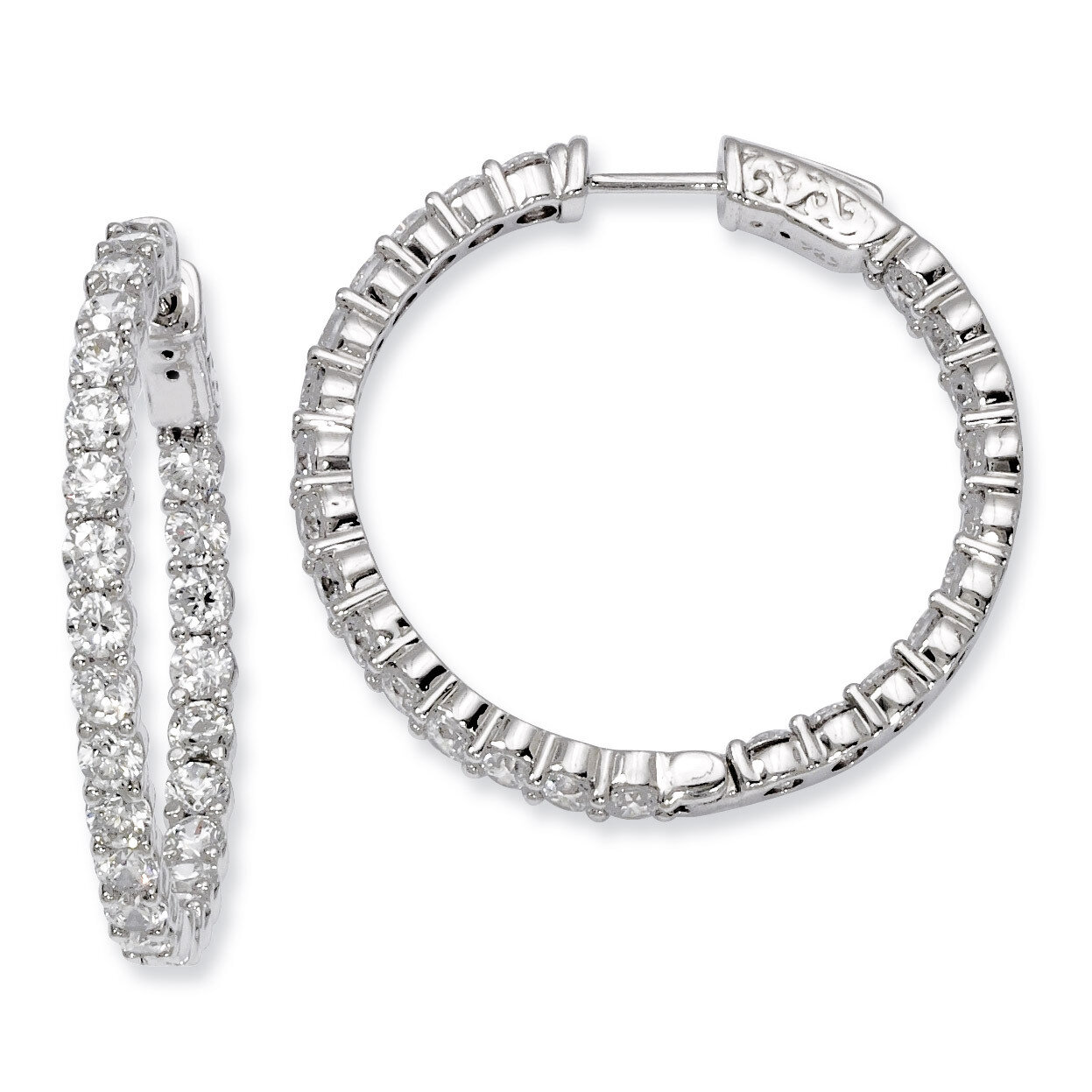 Diamond In and Out Hinged Hoop Earrings Sterling Silver Rhodium-plated QE8006