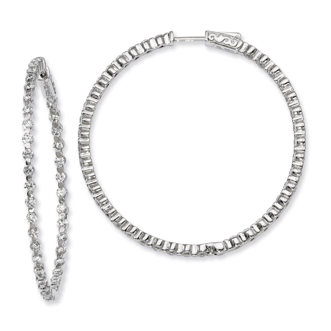 Diamond In and Out Hinged Hoop Earrings Sterling Silver Rhodium-plated QE8013, MPN: QE8013, 8867747…