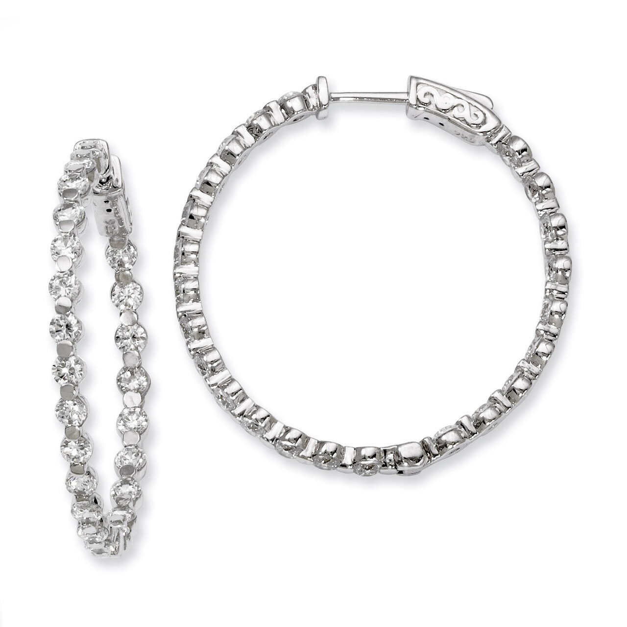 Diamond In and Out Hinged Hoop Earrings Sterling Silver Rhodium-plated QE8015, MPN: QE8015, 8867747…