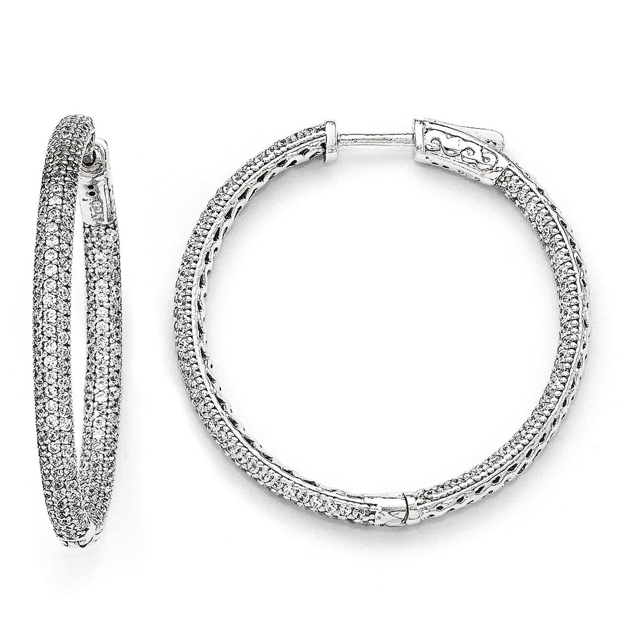 Diamond In and Out Hinged Hoop Earrings Sterling Silver Rhodium-plated QMP586