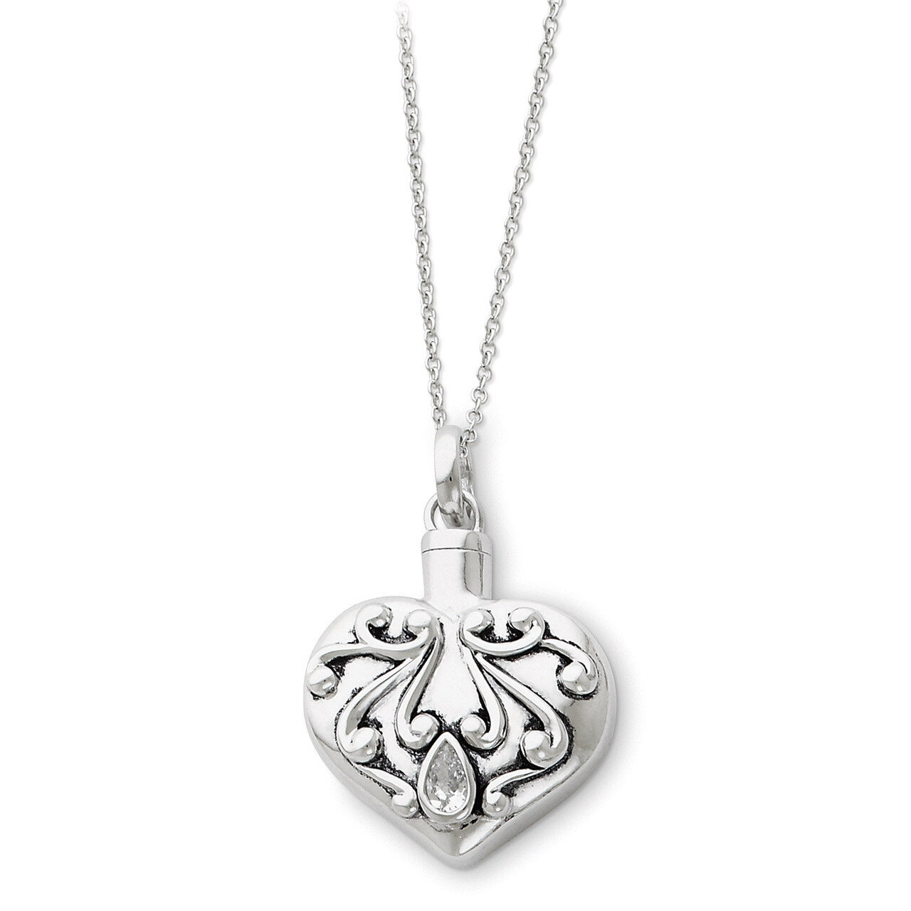 Diamond Heart Remembrance Ash Holder 18 Inch Necklace Sterling Silver Antiqued QSX172