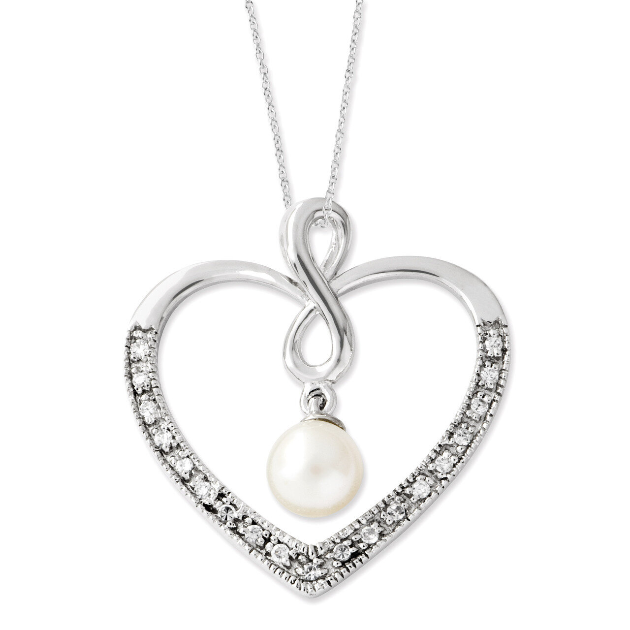 Cultured Pearl My Friend 18 Inch Heart Neck Sterling Silver with Diamonds QSX453