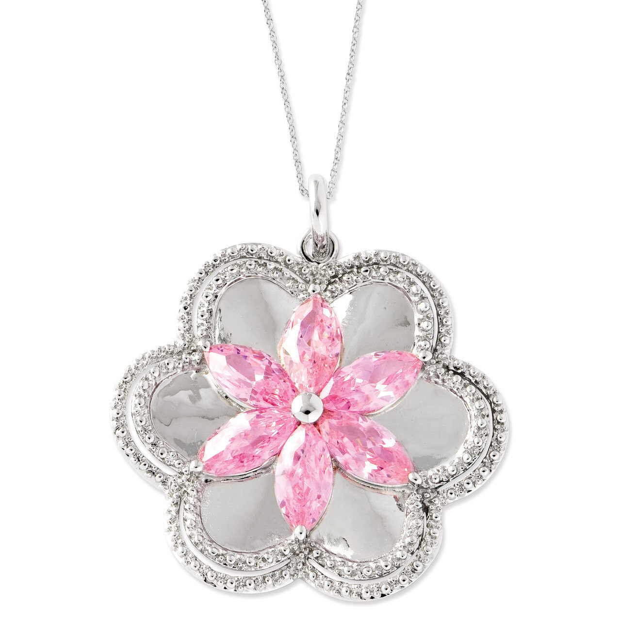 Pretty in Pink 18 Inch Flower Necklace Sterling Silver with Diamonds QSX458