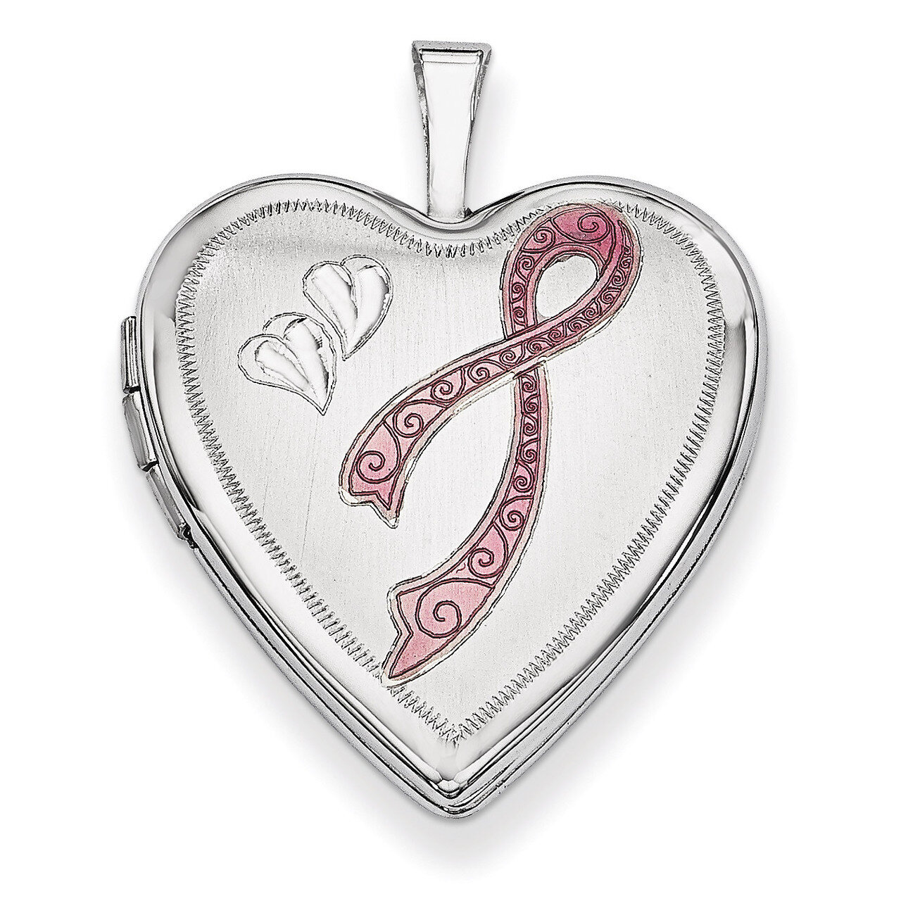 Enamel Breast Cancer with Hearts Heart Locket 14K 20mm White Gold XL617