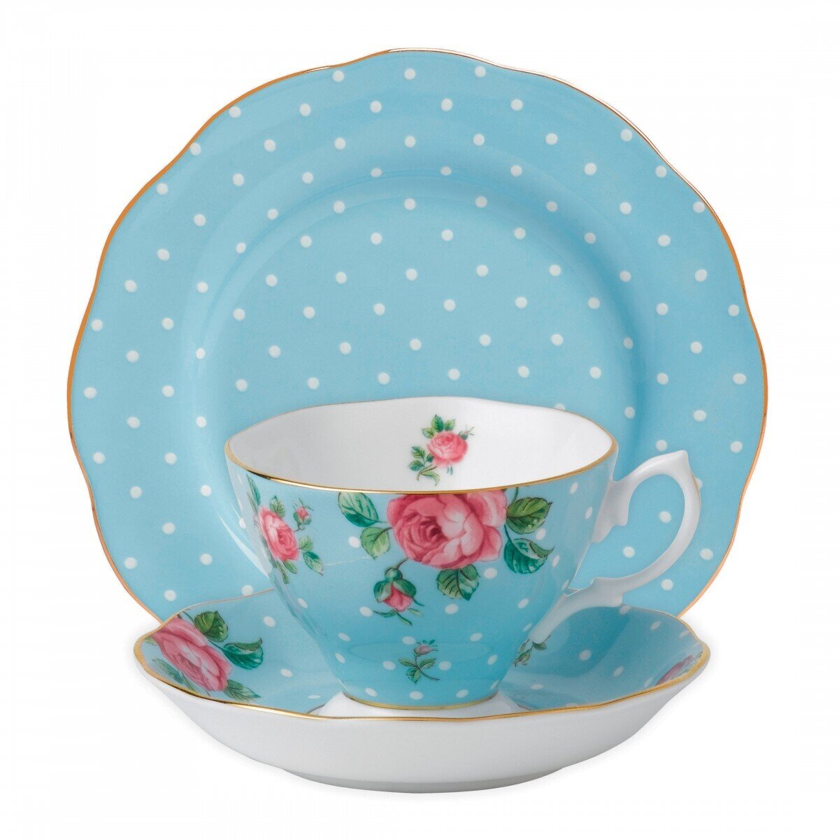 Royal Albert Polka Blue 3-Piece Set Teacup, Saucer & Plate
