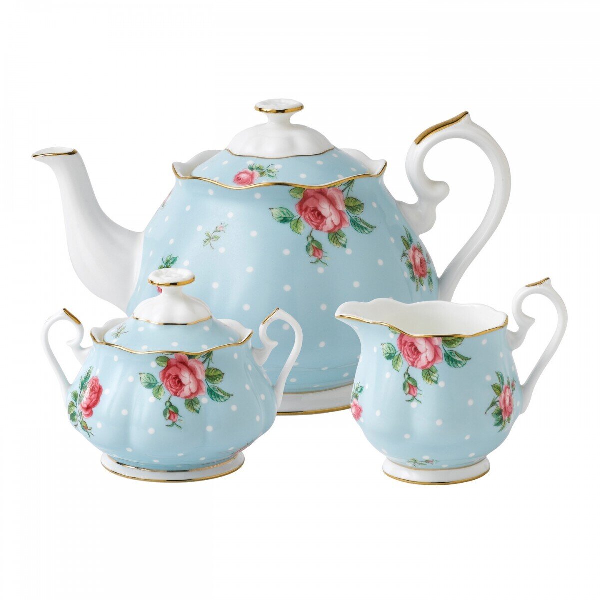 Royal Albert Polka Blue 3-Piece Set Teapot, Sugar & Creamer