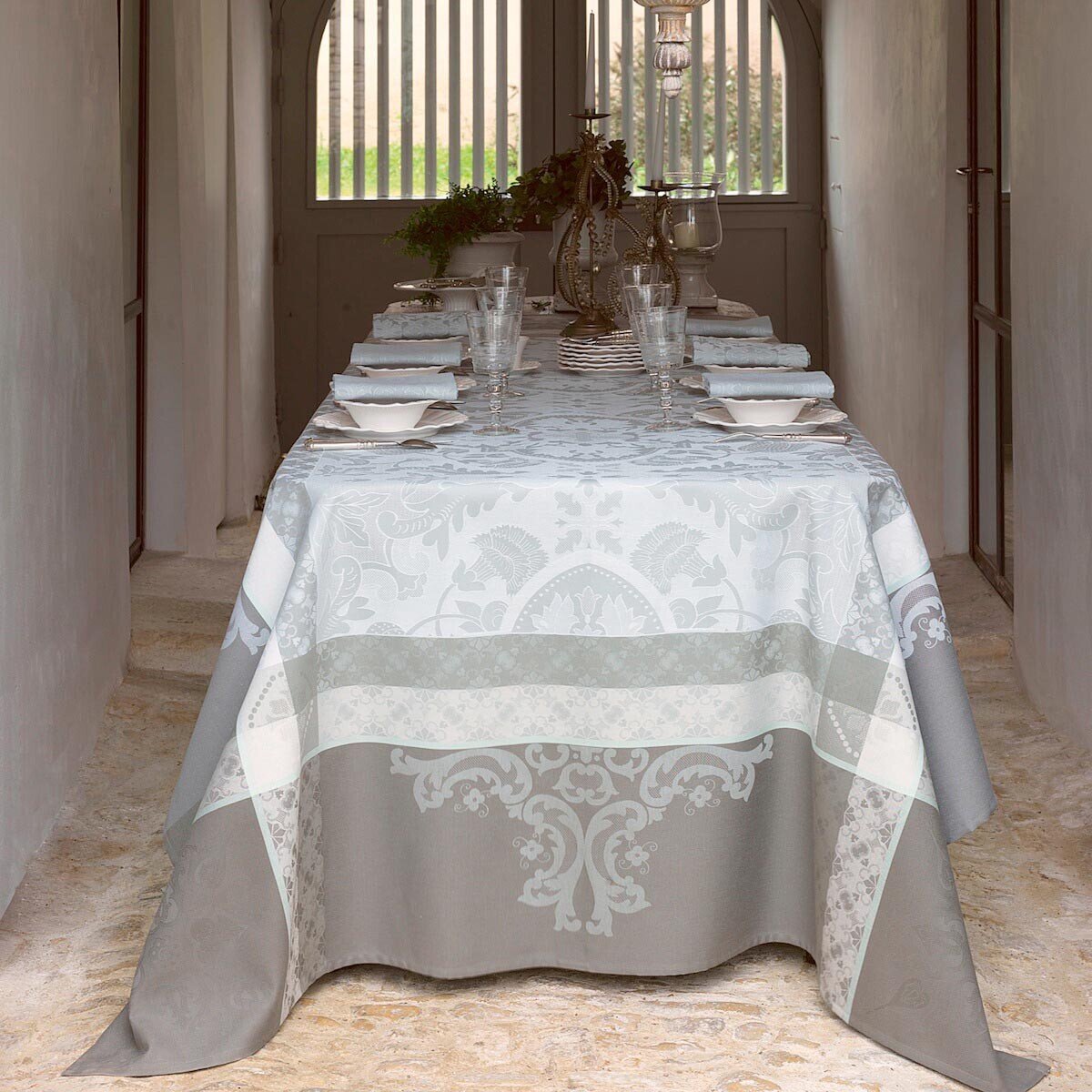 Le Jacquard Francais Azulejos Grey Tablecloth 69 x 69 Inch
