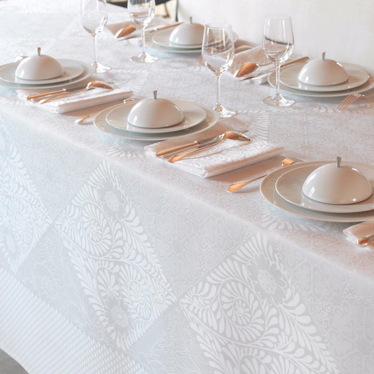 Le Jacquard Francais Bosphore Blanc White Tablecloth 69 x 69 Inch
