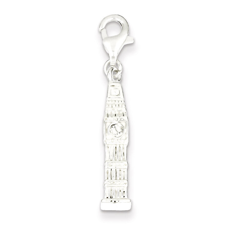 Sterling Silver Polished Clock Tower with Fancy Lobster Clasp Charm QC6903