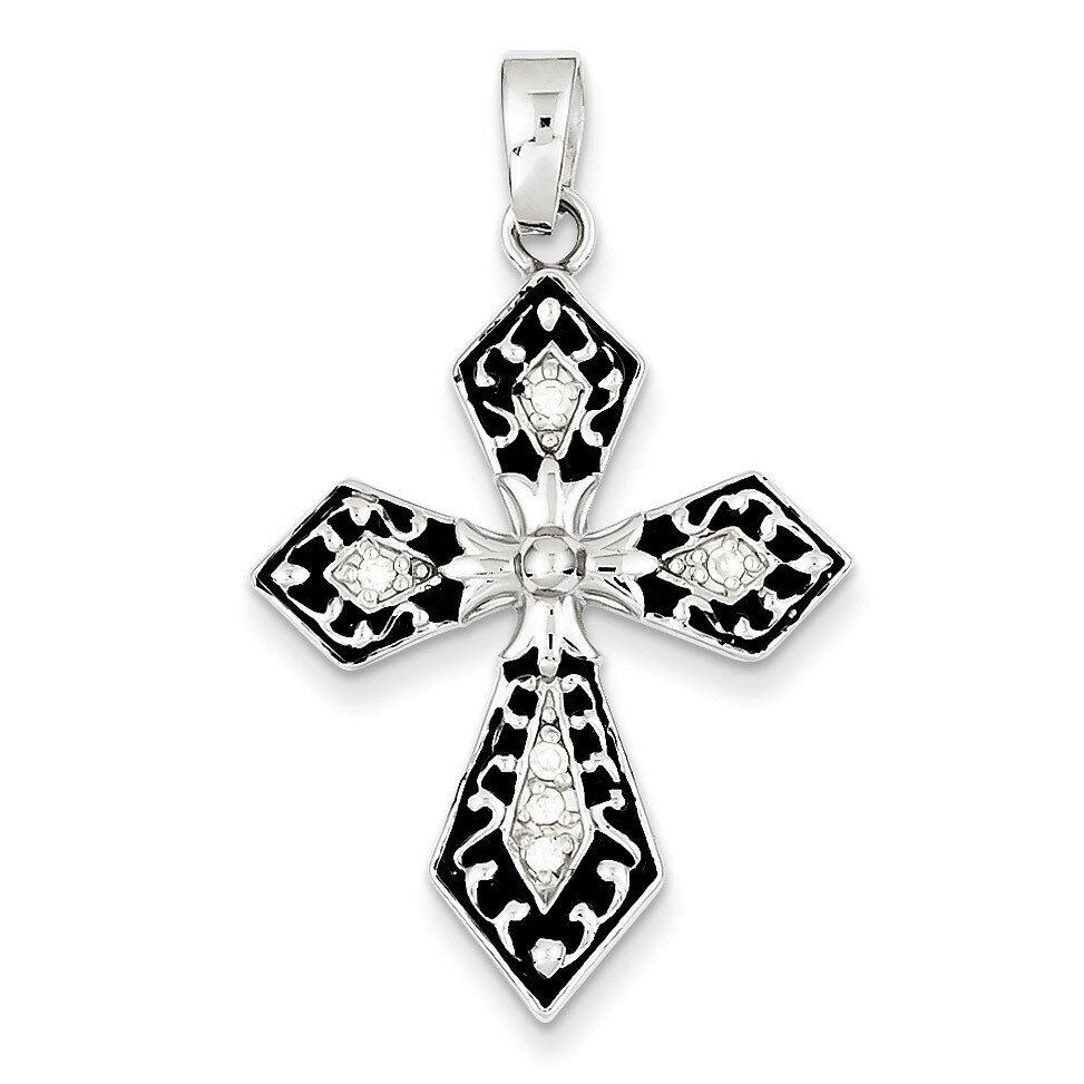 Sterling Silver Rhodium Plated Diamond Black Enamel Cross Pendant QC7314