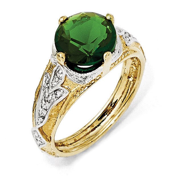 Sterling Silver Gold-Plated Glass Simulated Emerald &amp; Diamond Ring QCM1048-8