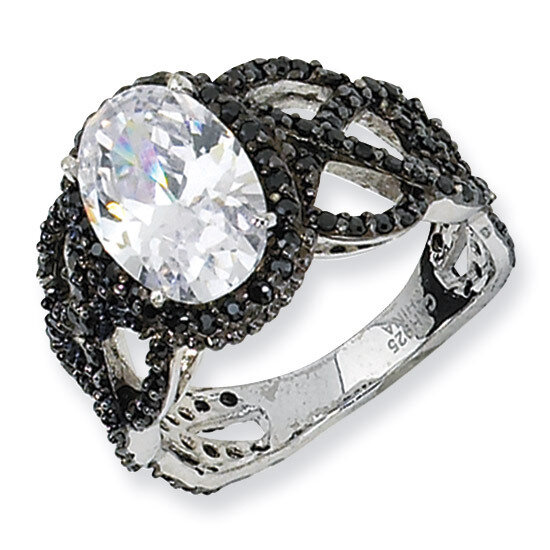 Sterling Silver Black-plated Fancy Oval Black/Wht Diamond Ring QCM349-8
