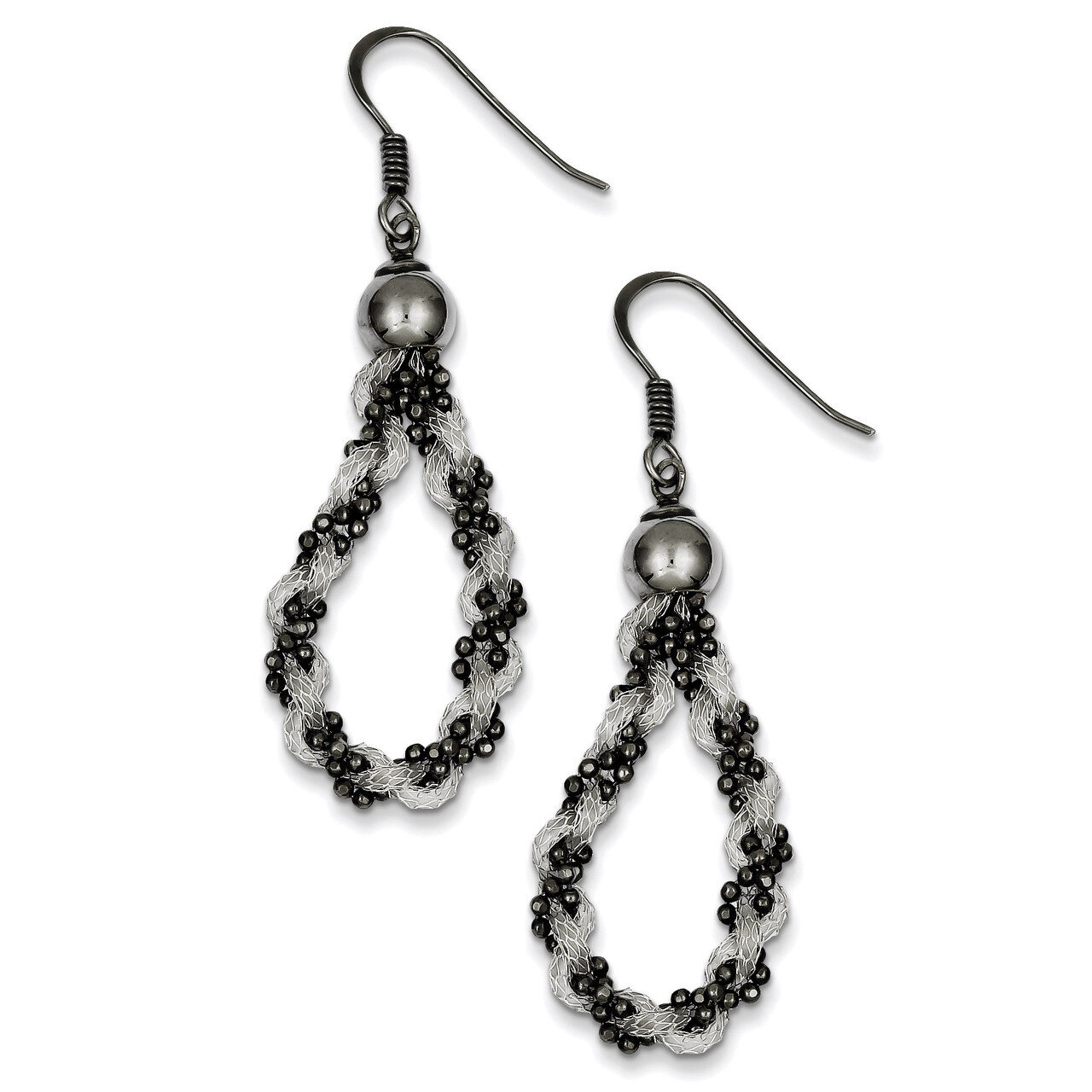 Sterling Silver Black Rhodium Mesh and Beaded Dangle Earrings QE10931