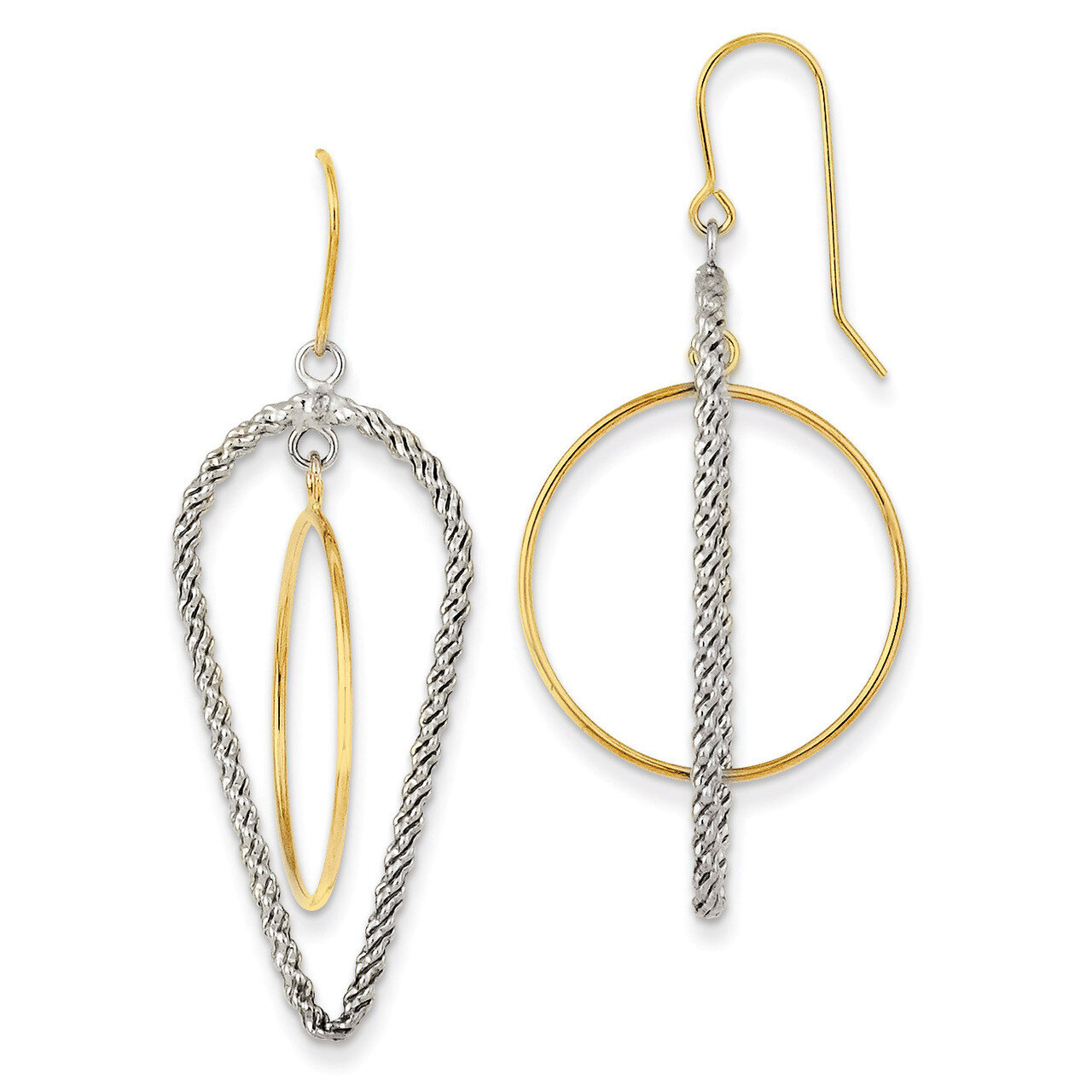 Sterling Silver with 14k Gold Polished and Textured Fancy Dangle Earrings QE11036