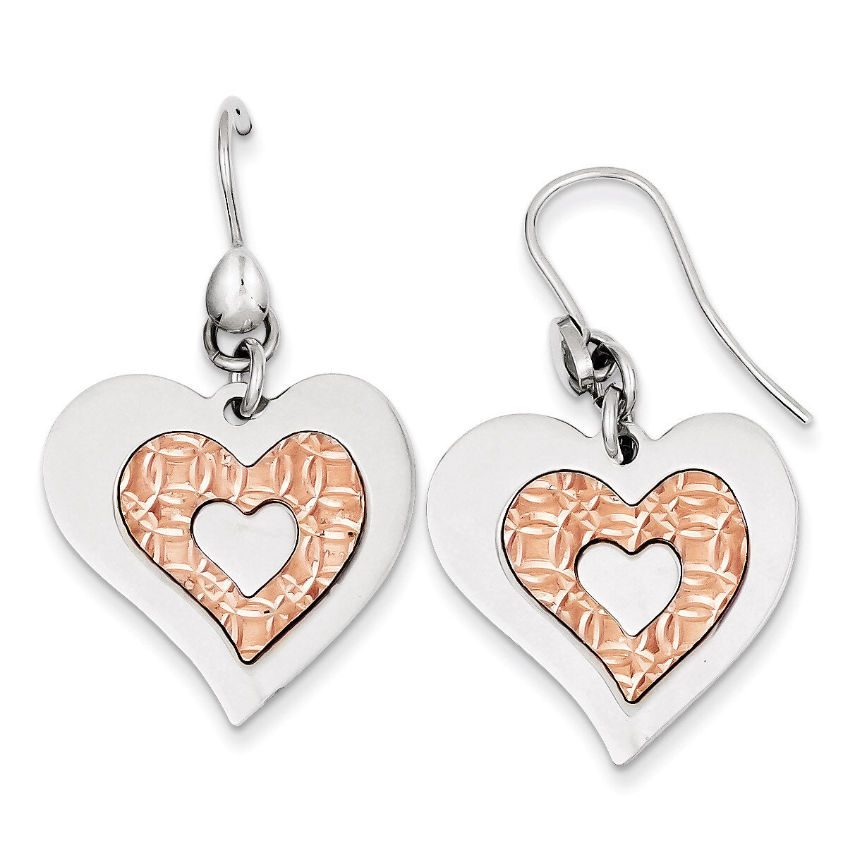 Sterling Silver Polished Heart Rose Gold-plated Heart Dangle Earrings QE8066