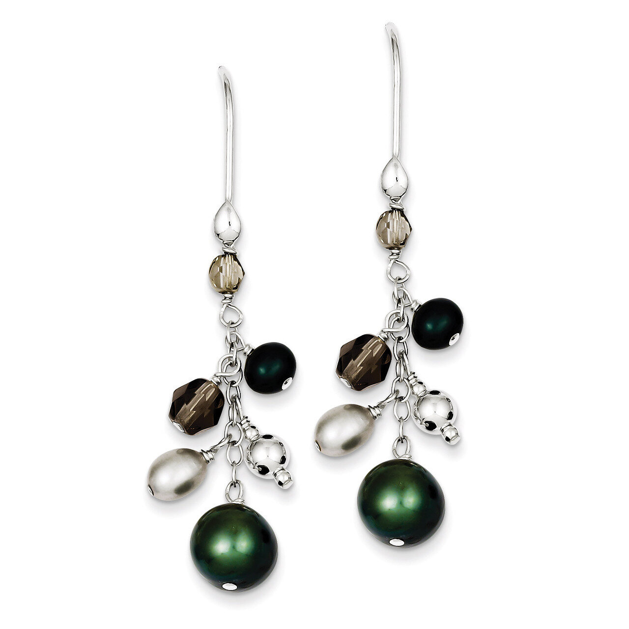 Sterling Silver Green & White Simulated Pearl Cluster Dangle Ear QE9371