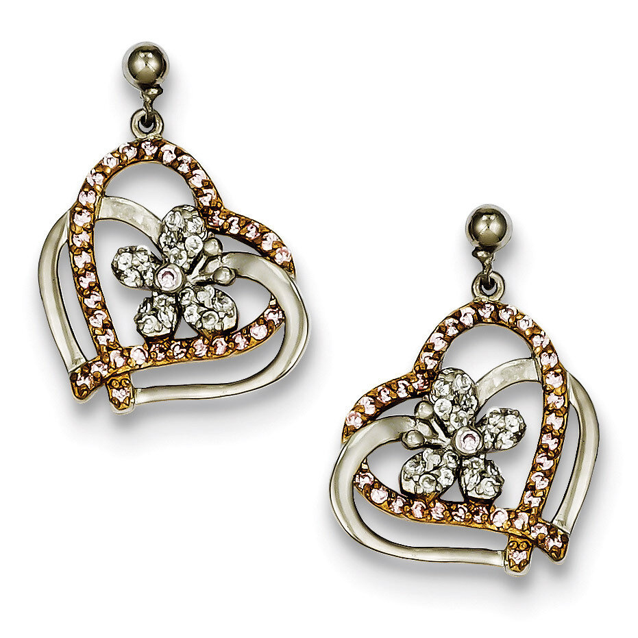Sterling Silver Flash Gold Plated Pink & Clear Diamond Heart Flower Earrings QE9594