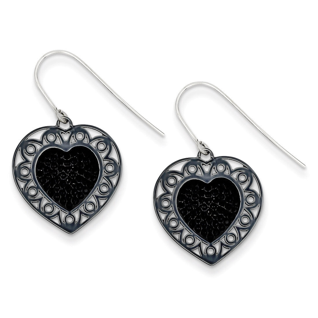 Sterling Silver Black Ceramic Black Swarovski Elements Heart Dangle Earring QE9624
