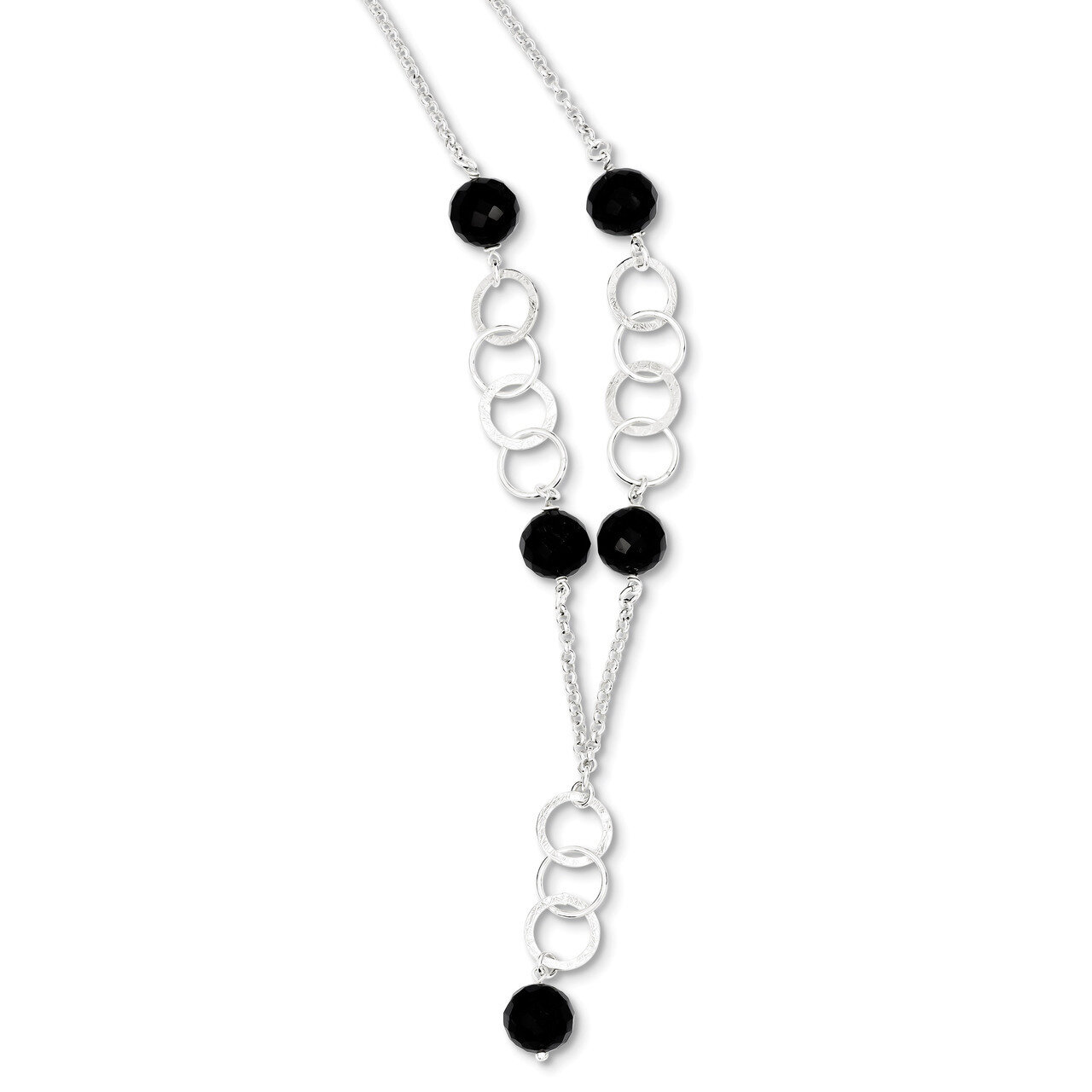 Sterling Silver &amp; Black Bead Polished &amp; Textured Drop Necklace QG2867-18