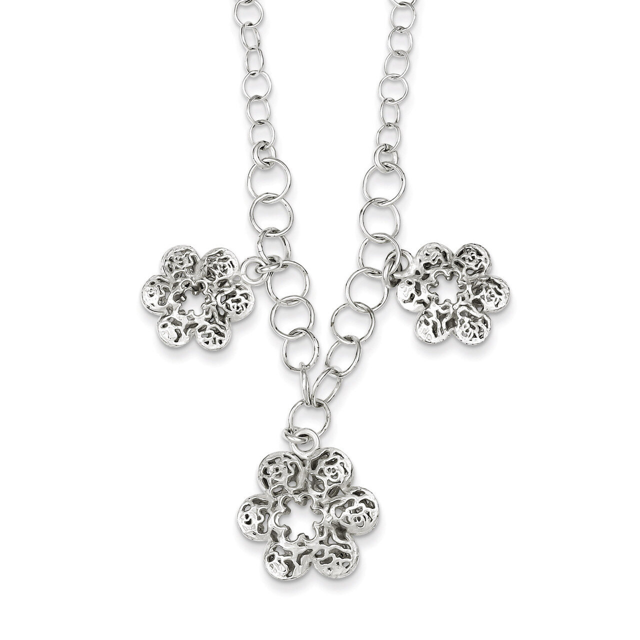 Sterling Silver Polished Filigree Flower Necklace QG3371-18