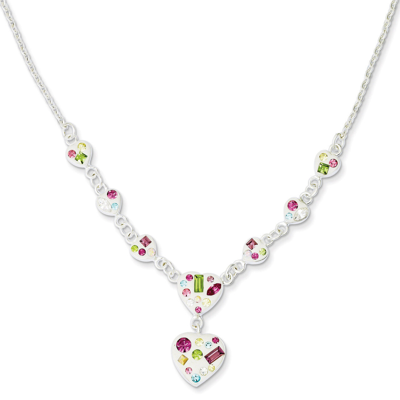 Sterling Silver Stellux Multi Crystal Heart with 2 IN Ext Necklace QG3458-18