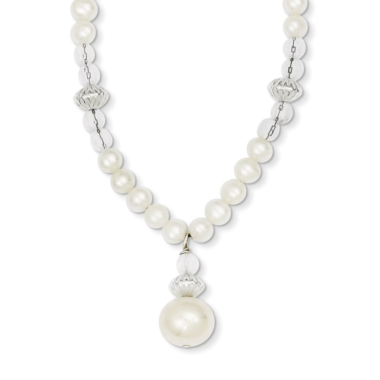 Sterling Silver Fresh Water Cultured Pearl &amp; Crystal Bead with 2 inch extension Necklace QH5001-18